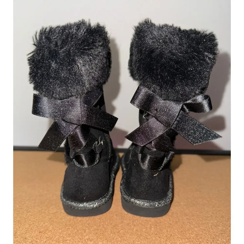 Toddler Girls Faux Suede Snow Boots | Black | Faux Fur Trim Bow Accents | Size 5